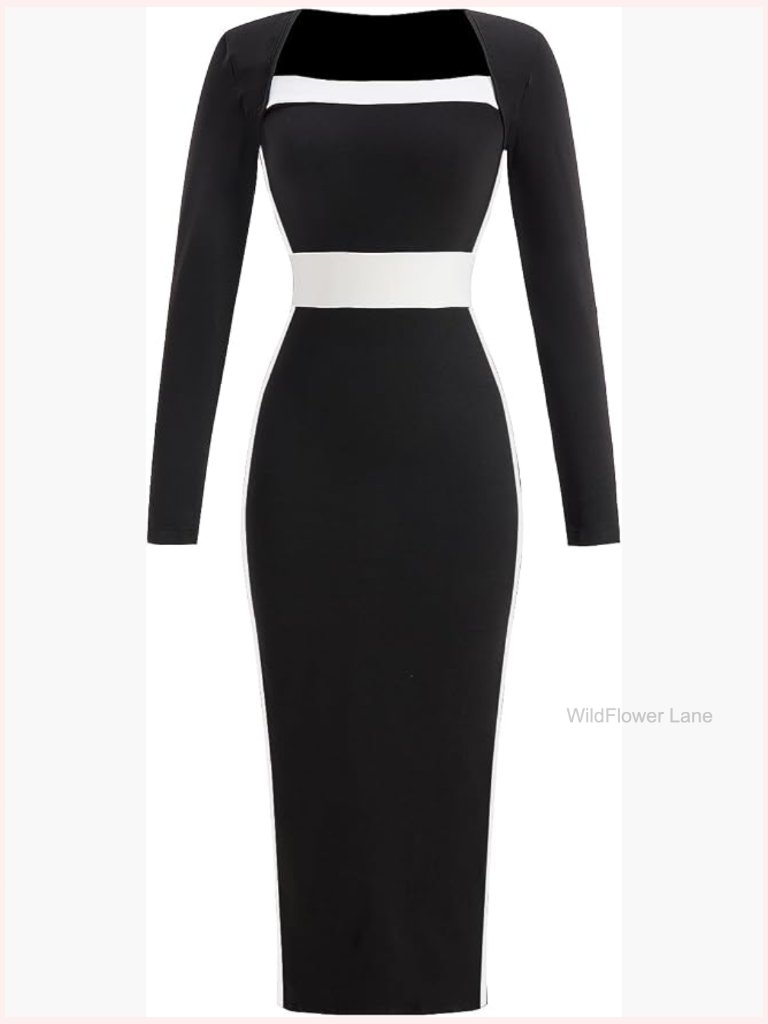 Long Sleeve Maxi Dress Square Neck Bodycon Cocktail Evening Dress
